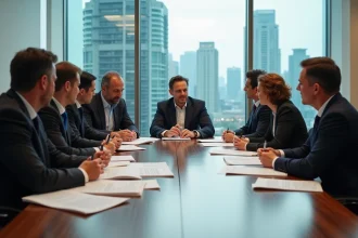 Groupe d'adultes en réunion d'investissement dans une salle moderne