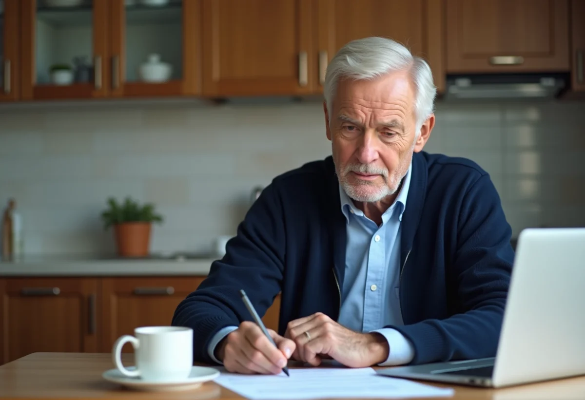 Homme senior lisant des documents bancaires à la maison
