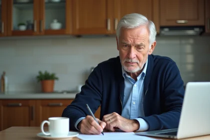 Homme senior lisant des documents bancaires &agrave; la maison