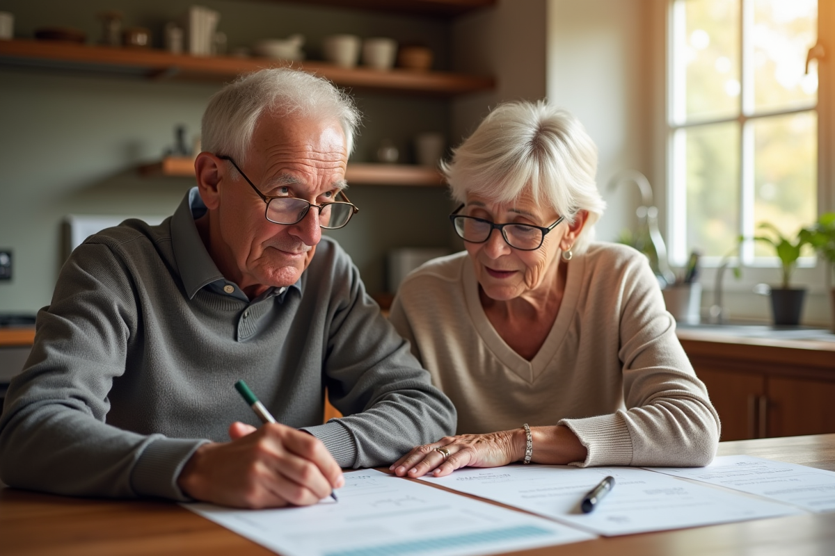Personne agee avec enfant examine documents financiers