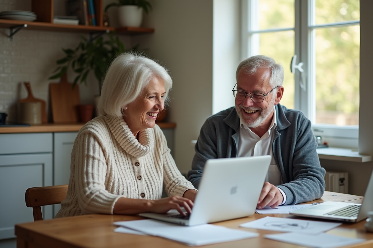 Couple senior souriant avec documents de retraite et ordinateur