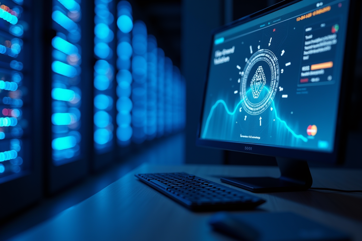 Salle serveurs avec LED bleues et écran blockchain avec carte Revolut