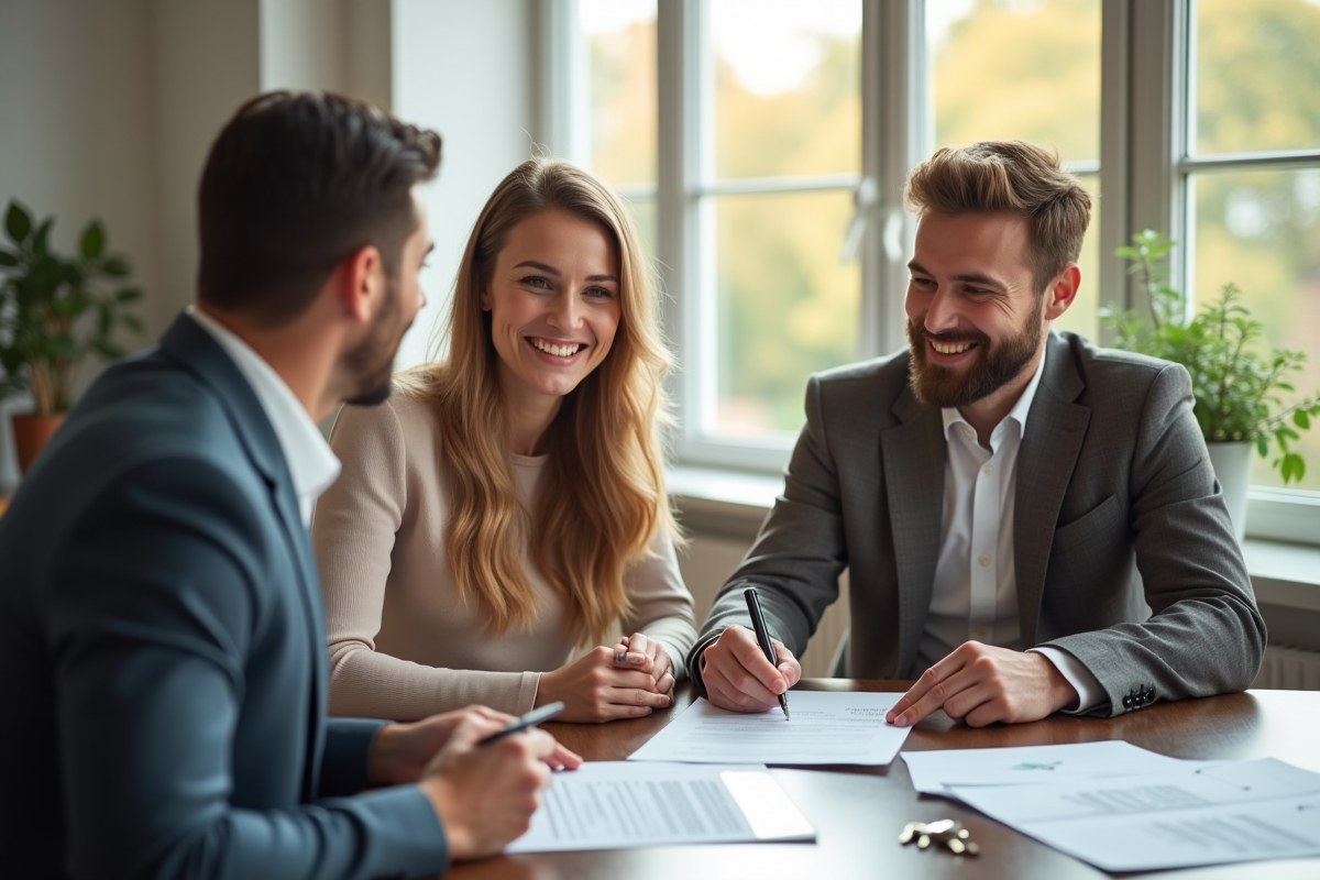 Jeune couple signant un contrat de location dans un appartement lumineux