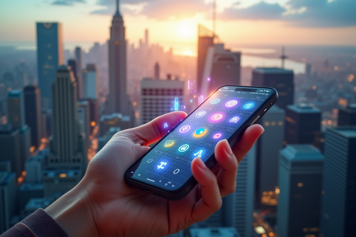 Main tenant un smartphone avec logos de cryptomonnaies colorés