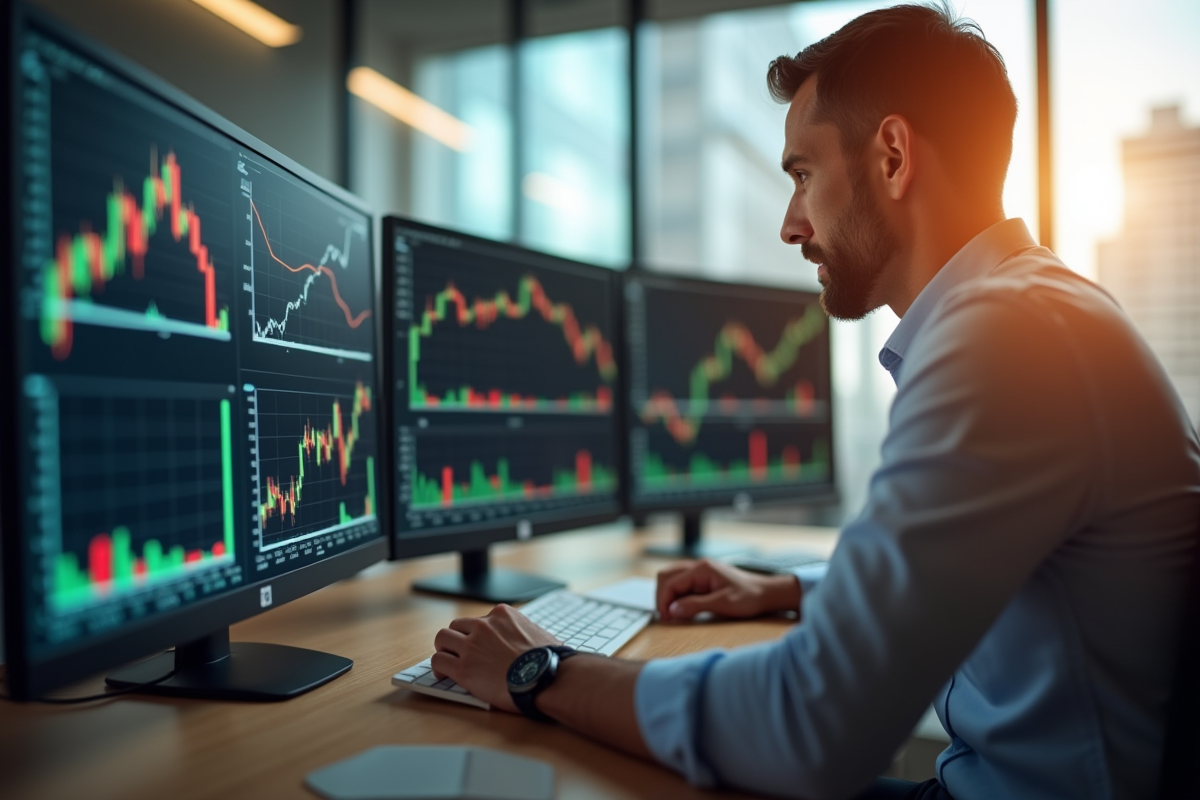 Trader concentré regardant des écrans avec graphiques boursiers