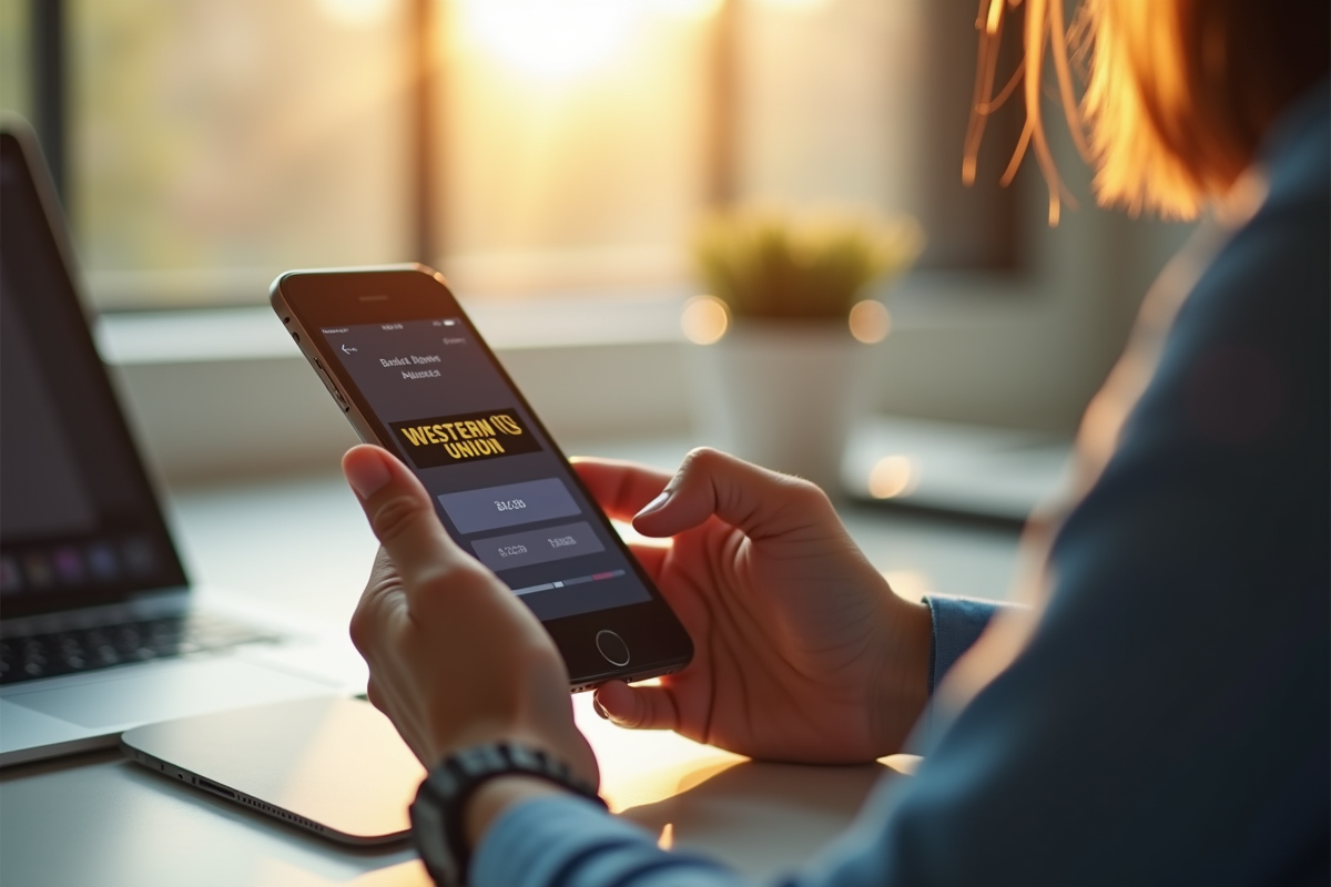 Personne vérifiant son solde Western Union sur smartphone dans un bureau lumineux