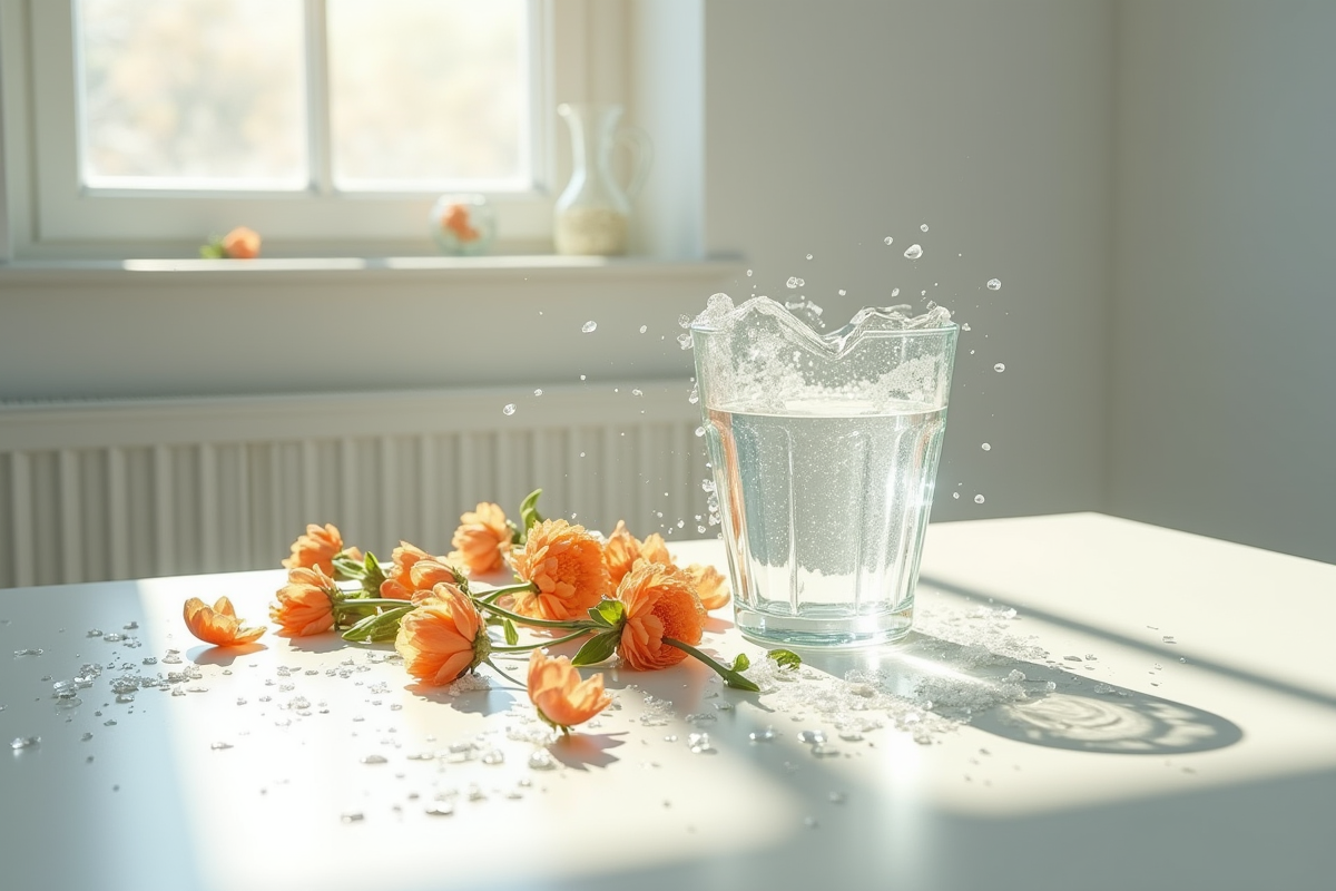 Verre brisé sur une table blanche avec fleurs fanées et lumière naturelle