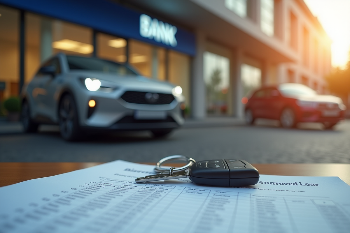 Voiture neuve garée devant une banque avec documents de prêt et clés